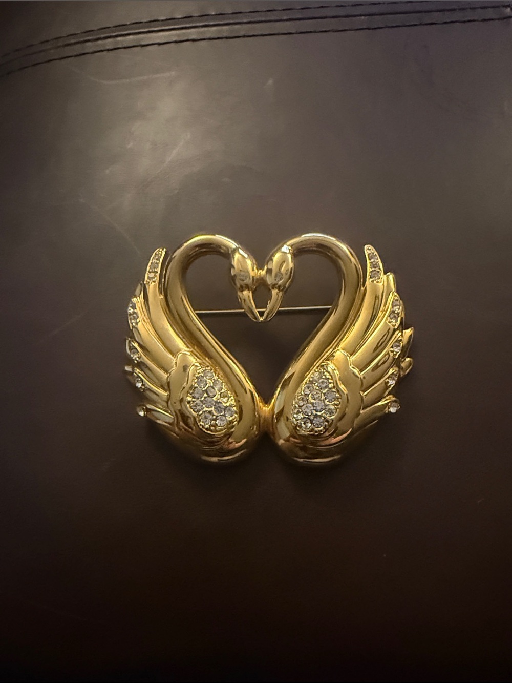 Gold Swan Heart Brooch Pin with Crystal Accents